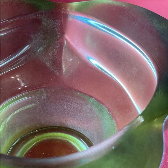 Vintage MCM Glass Bowl / Pedestal / Heavy / Green Clover / Iridescent / Flaw - Picture 13 of 13
